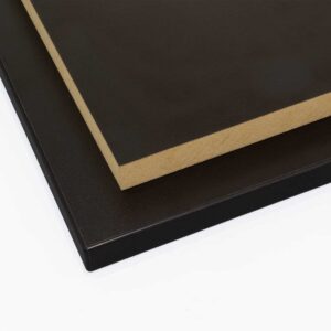 two black melamine faced mdf panels cut to size with one panel edged all round