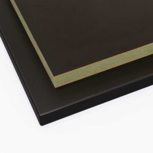 Two moisture resistant black melamine faced mdf panels cut to size with one panel edged all round