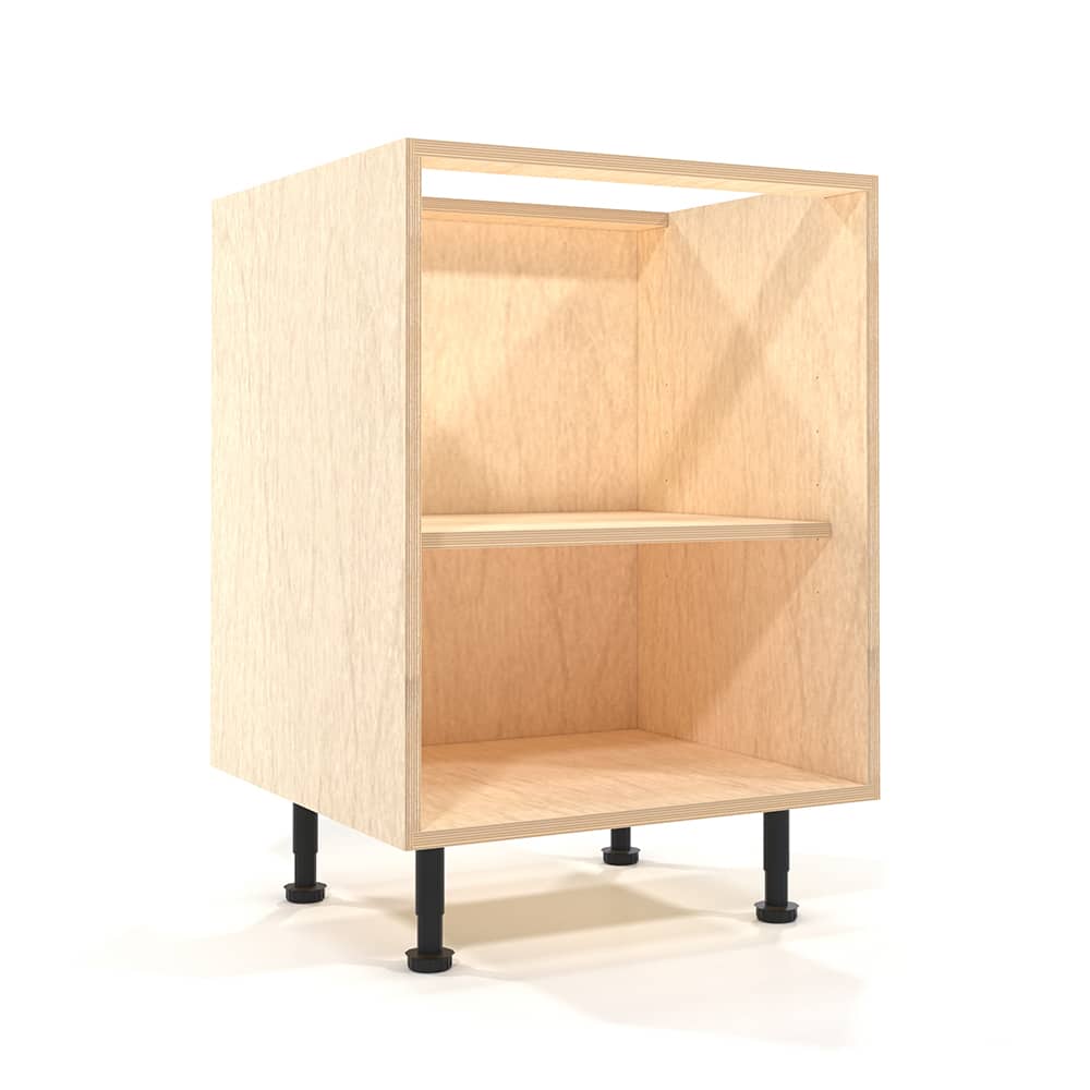 a rendering of a 600mm wide birch plywood kitchen base unit on a white background