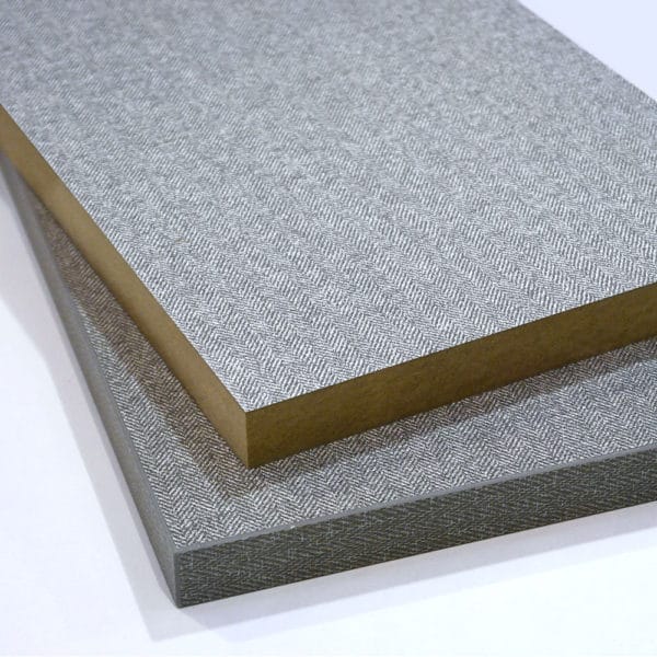 Two pieces of Grey Tweed Melamine Faced MDF cut to size and stacked on top of each other