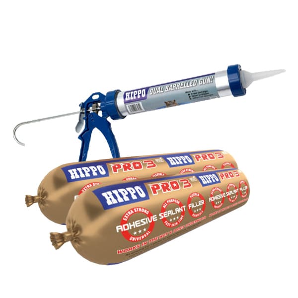 2 tubes of hippo pro 3 adhesive and a dual barrelled applicator gun