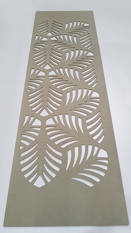 Fret cut MDF screen panel with palm leaf cut out pattern