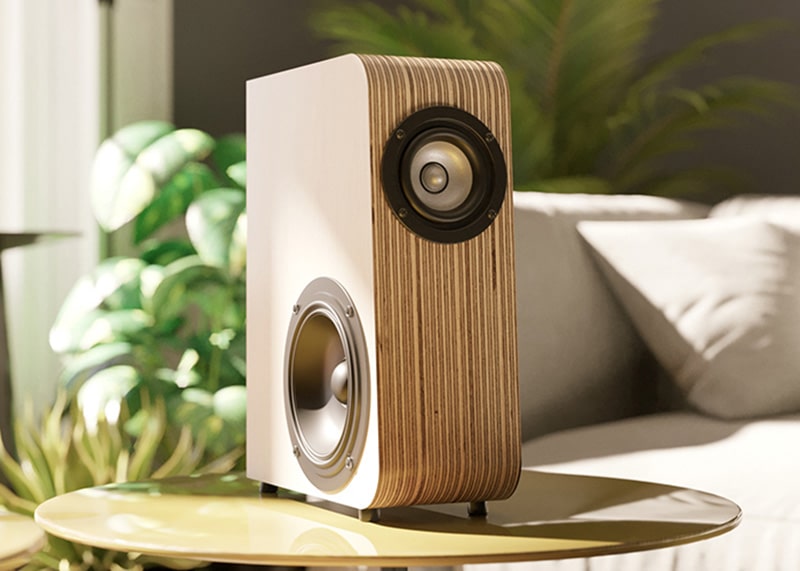 A small audio speaker made from layers of Birch Plywoodr
