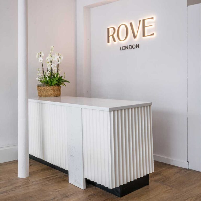 Fluted panelling around a shop counter painted in white
