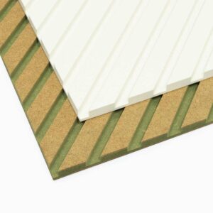 small diagonal slat wall panels stacked on top of each other, one panel primed