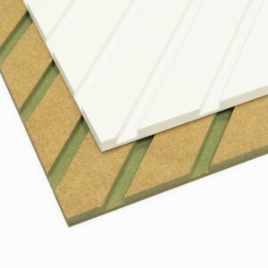 diagonal wide slat wall panels stacked on top of each other, one panel primed and one raw mdf