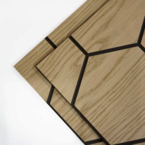 two large 3d hex oak veneer faced black mdf panels cut to size with a white background