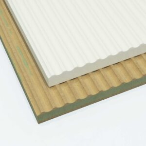 two micro fluted mdf panels, one primed and one raw mdf, stacked on top of each other with a white background