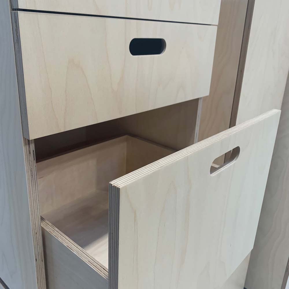 birch plywood unit with the door open