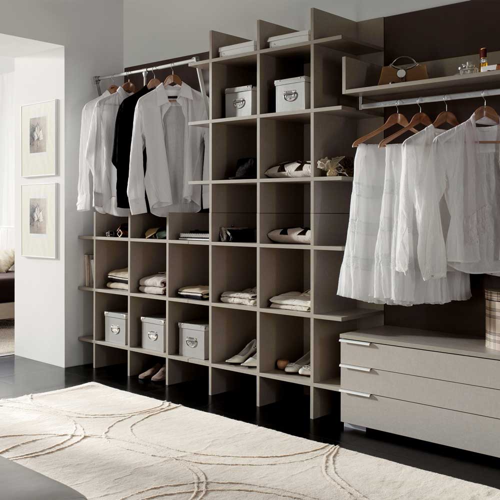 beige linen storage drawer fronts in a bedroom