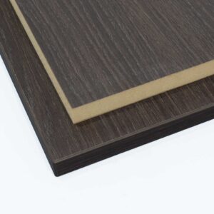 two smoked oak melamine panels cut to size, with one panel edged all round