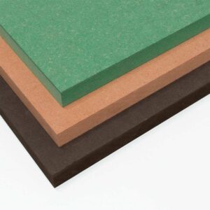Three coloured valchromat mdf panels stacked on top of each other with a white background