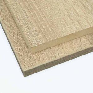 two cambrian oak melamine board panels cut to size, one panel is edged all round