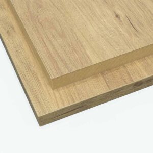 two denver oak melamine board panels stacked on top of each other, one panel edged all round