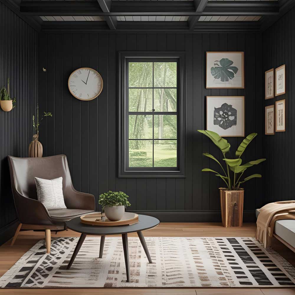 Black dyed mdf panelling in lounge