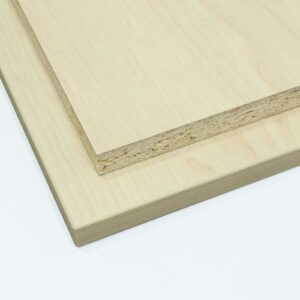 two egger sand birch melamine faced chipboard panels cut to size with one panel edged all round