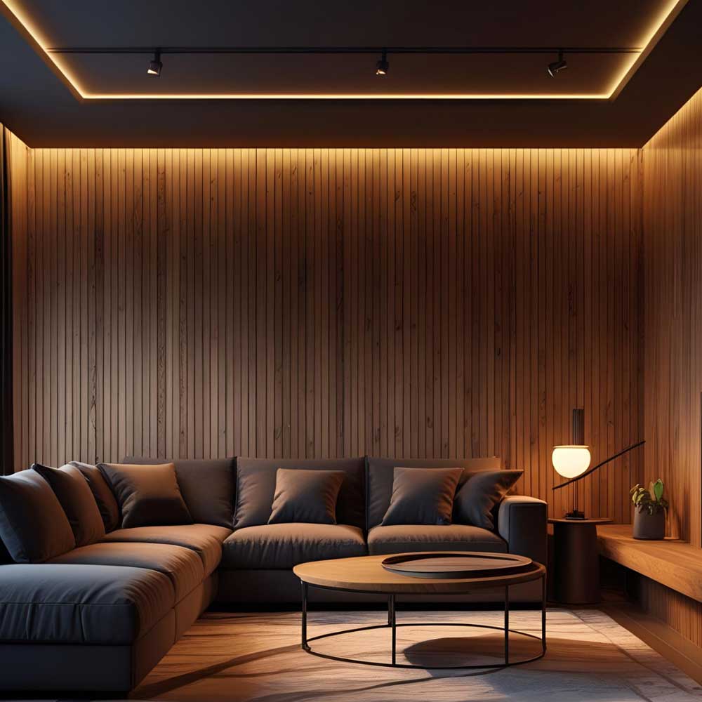 modern interior black dyed tongue and groove panelling in lounge rendered image