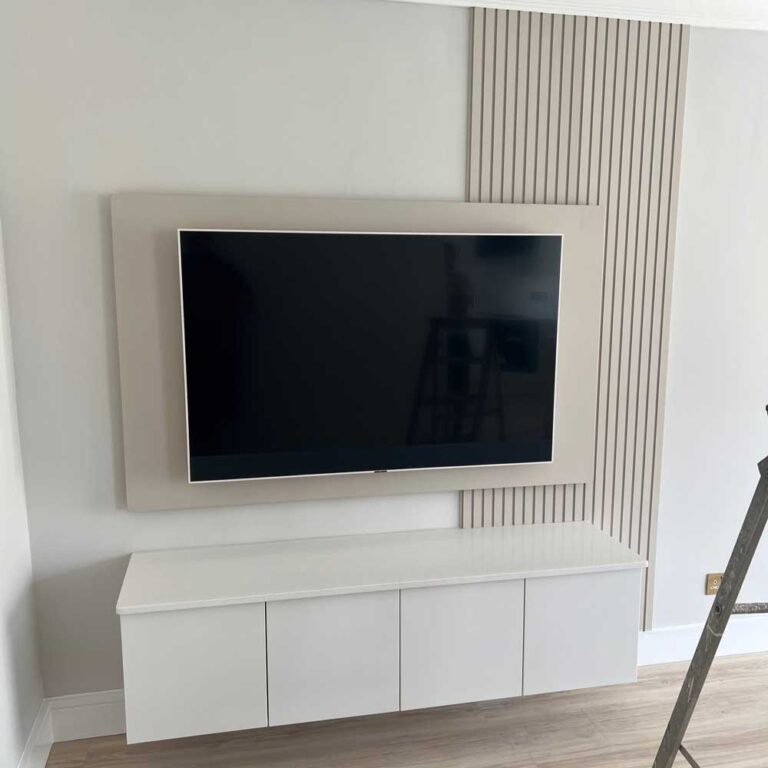 slat wall panelling for a media unit painted in cream