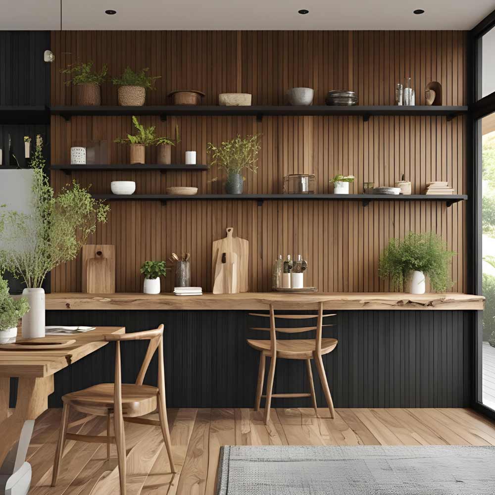 walnut faced tongue and groove panels in a modern kitchen - rendered image