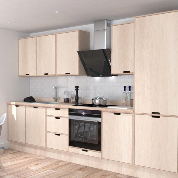 a rendering of a kitchen design made of birch plywood kitchen cabinets with inset doors