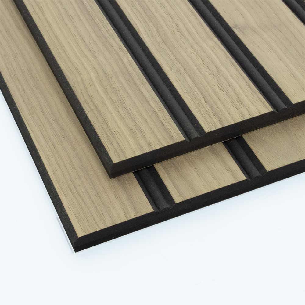 two 50mm walnut veneer black mdf bead and butt panelling stacked on top of each other