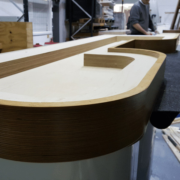 Underside of Birch Plywood counter top showing layered plywood edge detail