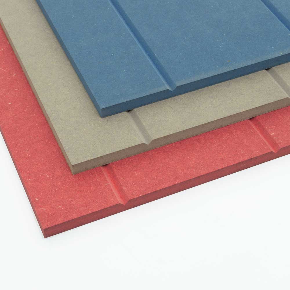 red, blue and white grey coloured valchromat mdf tongue and groove panels stacked on top of each other