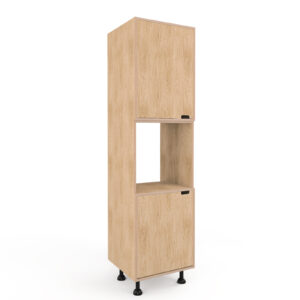 a rendering of a 600mm wide oak veneered plywood tall built-in oven kitchen unit on a white background