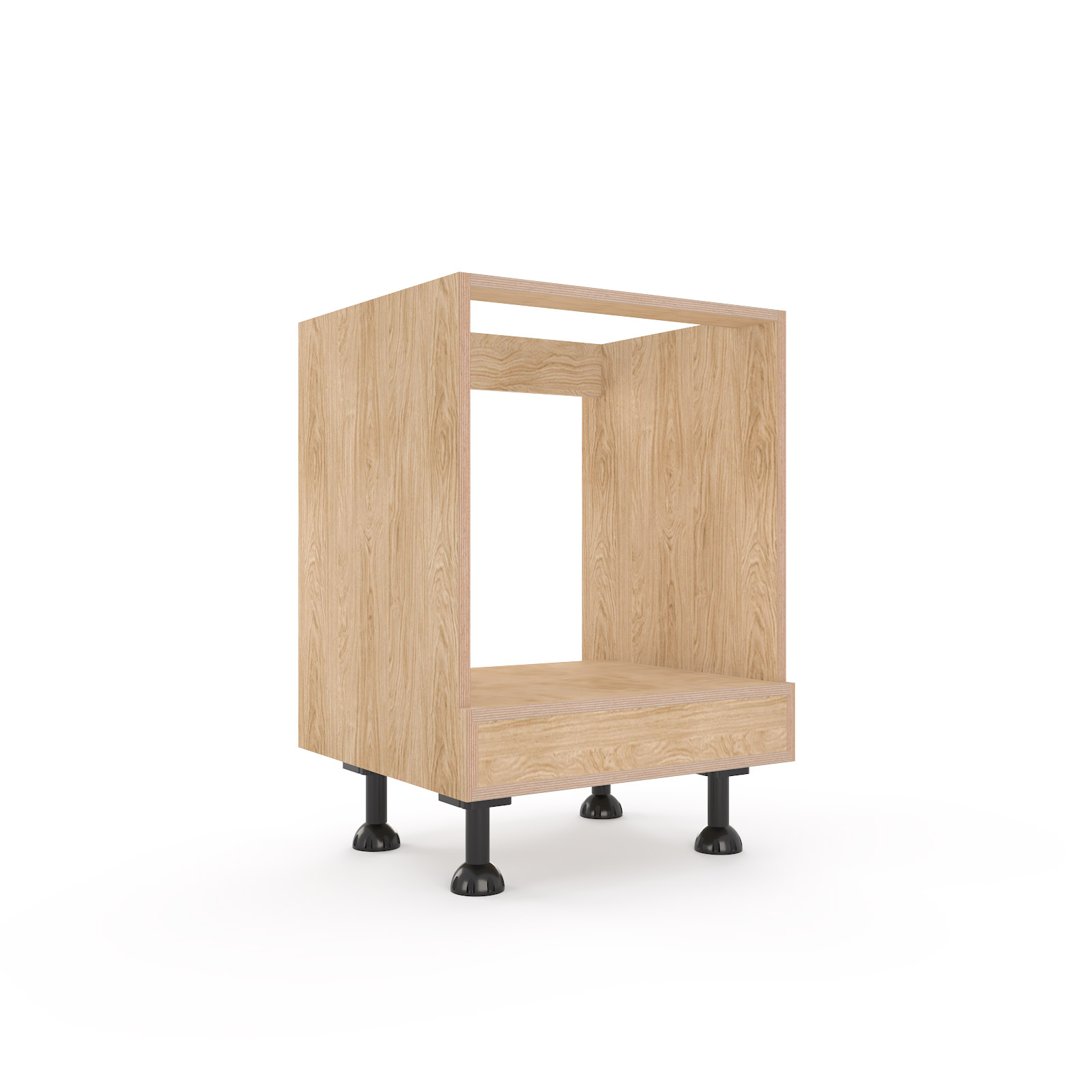 a rendering of a 600mm wide oak veneered plywood kitchen undercounter oven unit on a white background