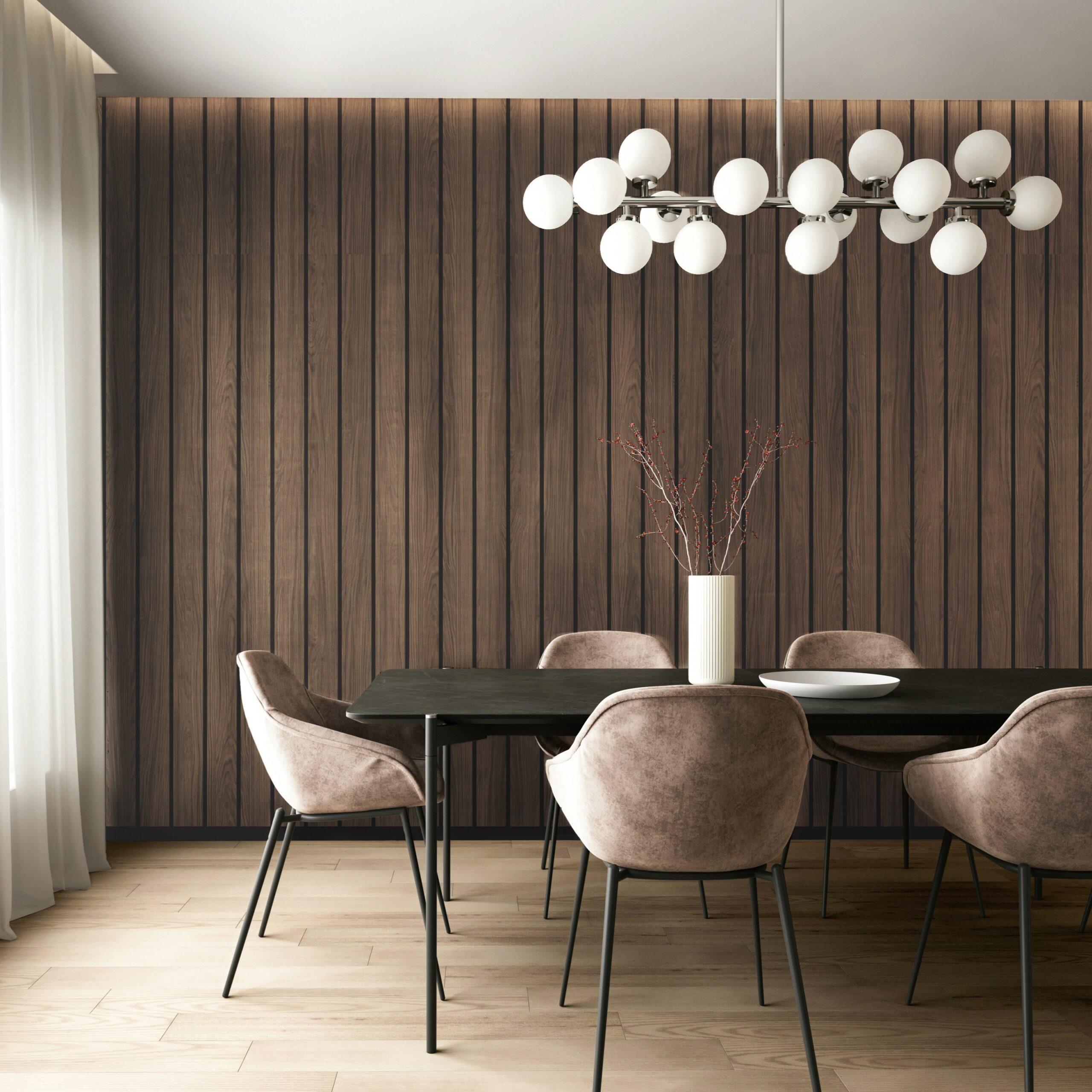Rendered image of lacquered bead and butt walnut panelling in a dining room