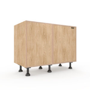 a rendering of a 1100mm wide oak veneered plywood corner kitchen unit on a white background