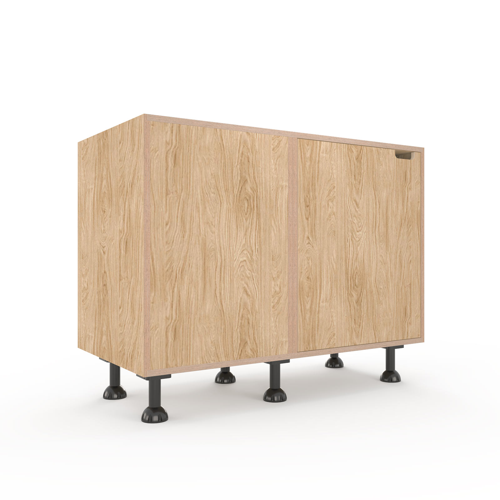 a rendering of a 1100mm wide oak veneered plywood corner kitchen unit on a white background