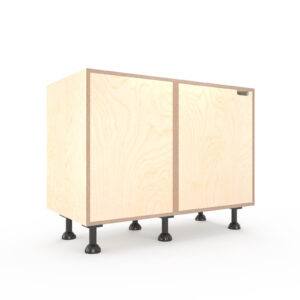 a rendering of a 1100mm wide birch plywood corner kitchen unit on a white background