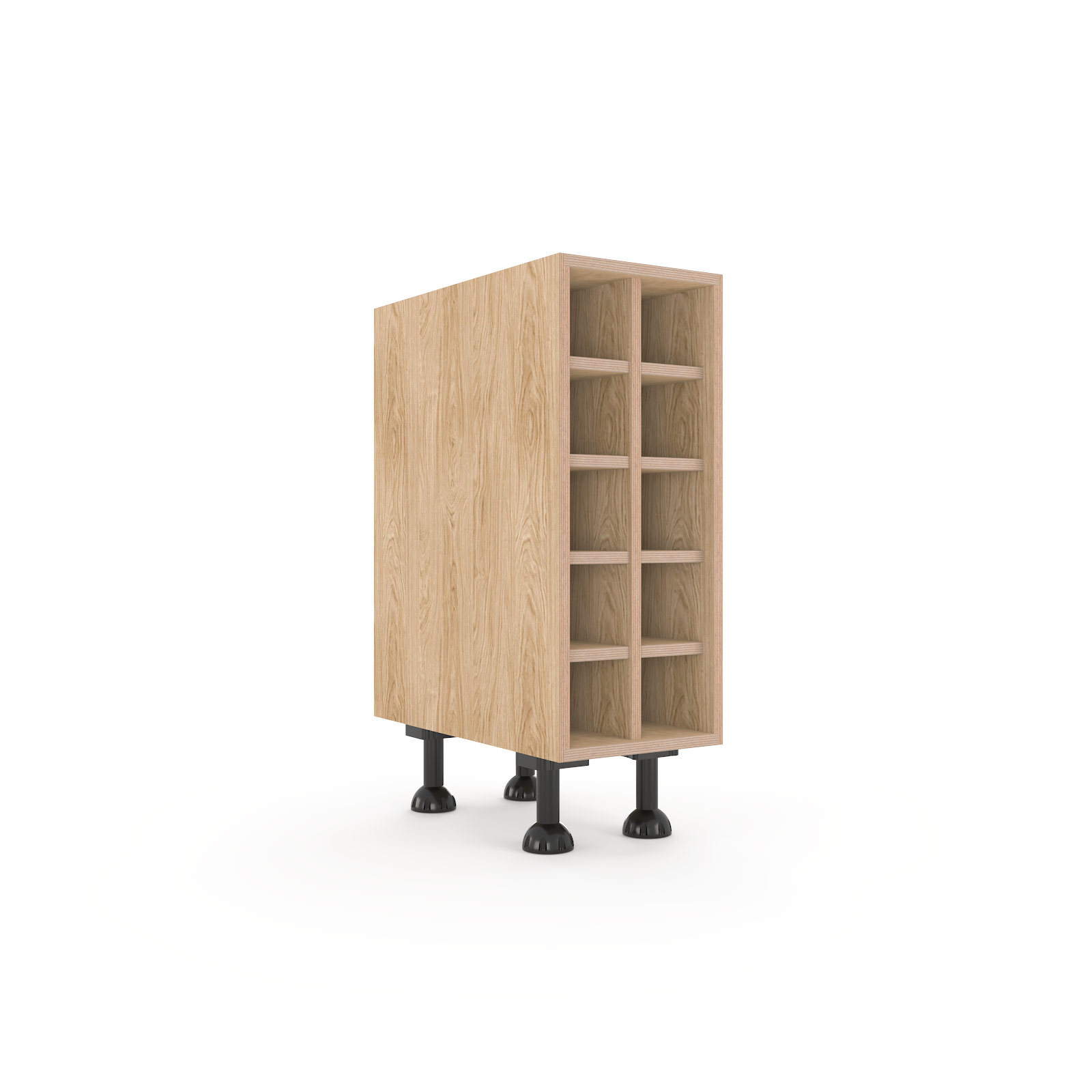 a rendering of a 300mm wide, oak faced plywood under-counter kitchen wine unit on a white background