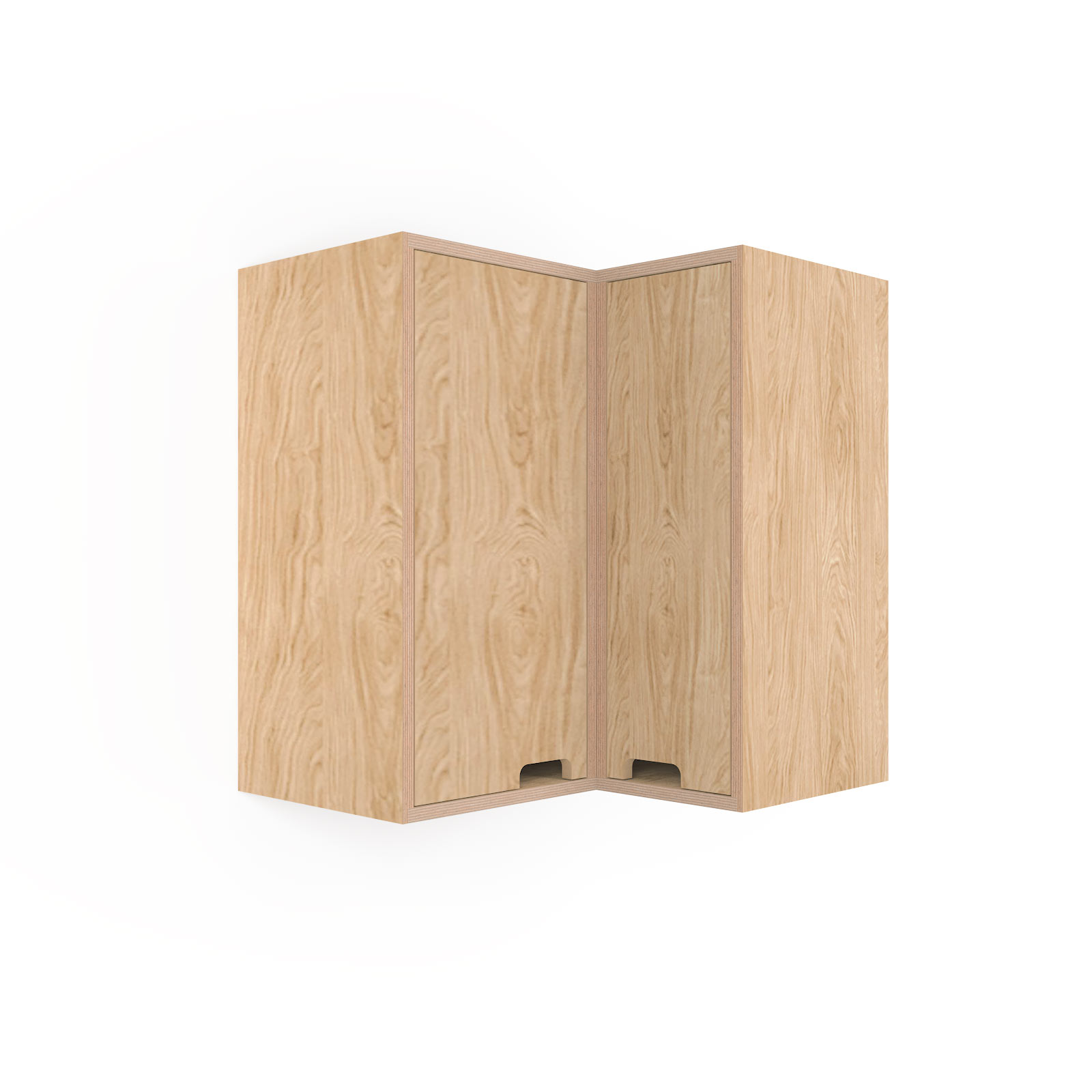 a rendering of oak veneered plywood corner kitchen wall unit on a white background