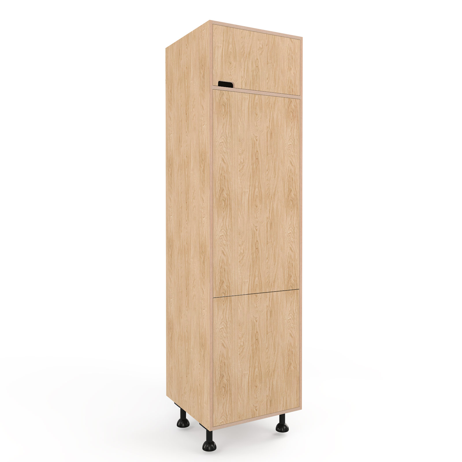 a rendering of a 600mm wide, tall oak faced plywood built-in fridge unit with additional top shelve door on a white background