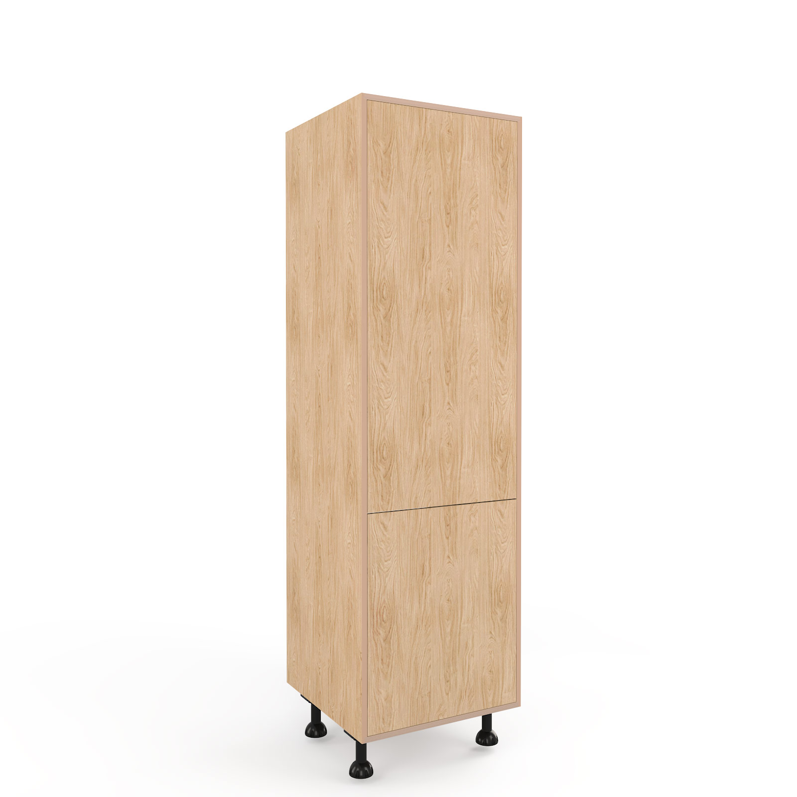 a rendering of a 600mm wide, standard height, oak faced plywood built-in fridge unit on a white background