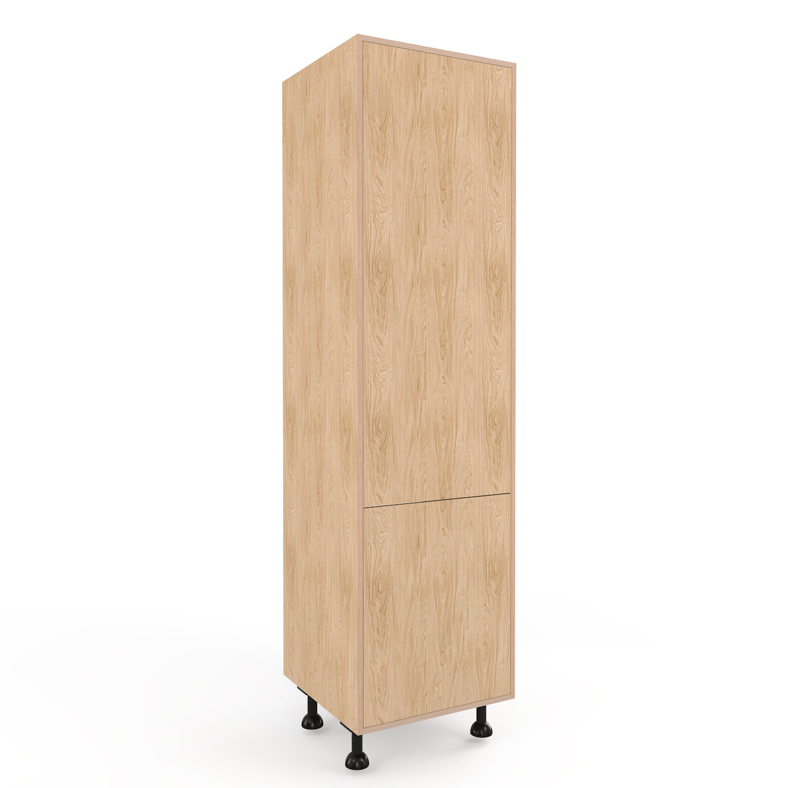 a rendering of a 600mm wide, tall oak faced plywood built-in fridge unit on a white background