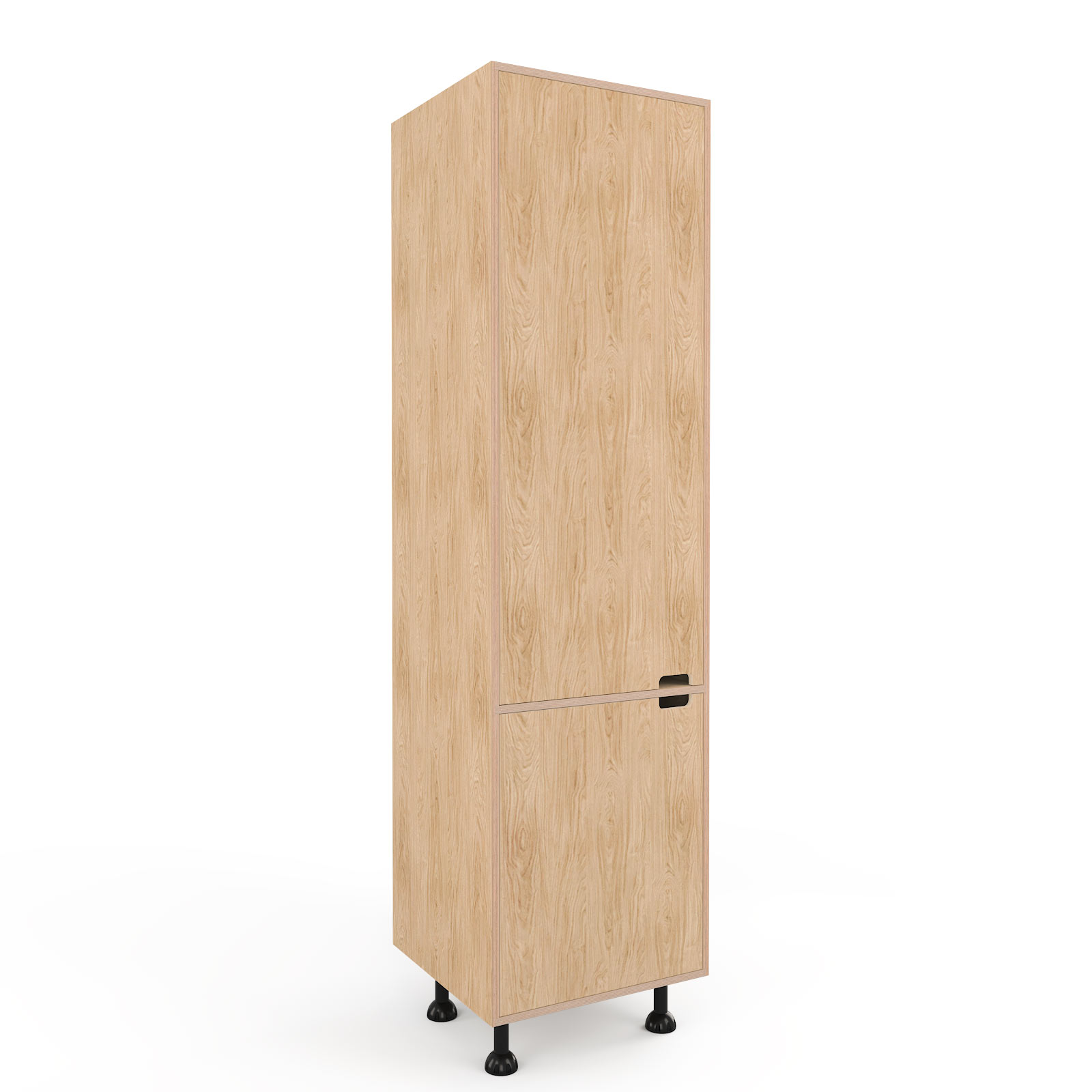 a rendering of a 600mm wide oak veneered plywood larder unit on a white background