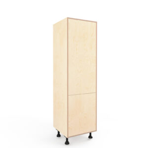 a rendering of a 600mm wide, standard height, birch plywood built-in fridge unit on a white background