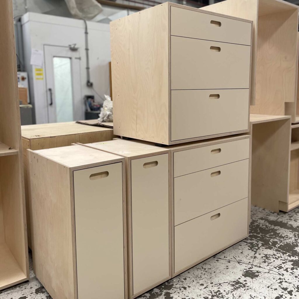 Birch Plywood Drawer Units stacked waiting to be delivered to customer