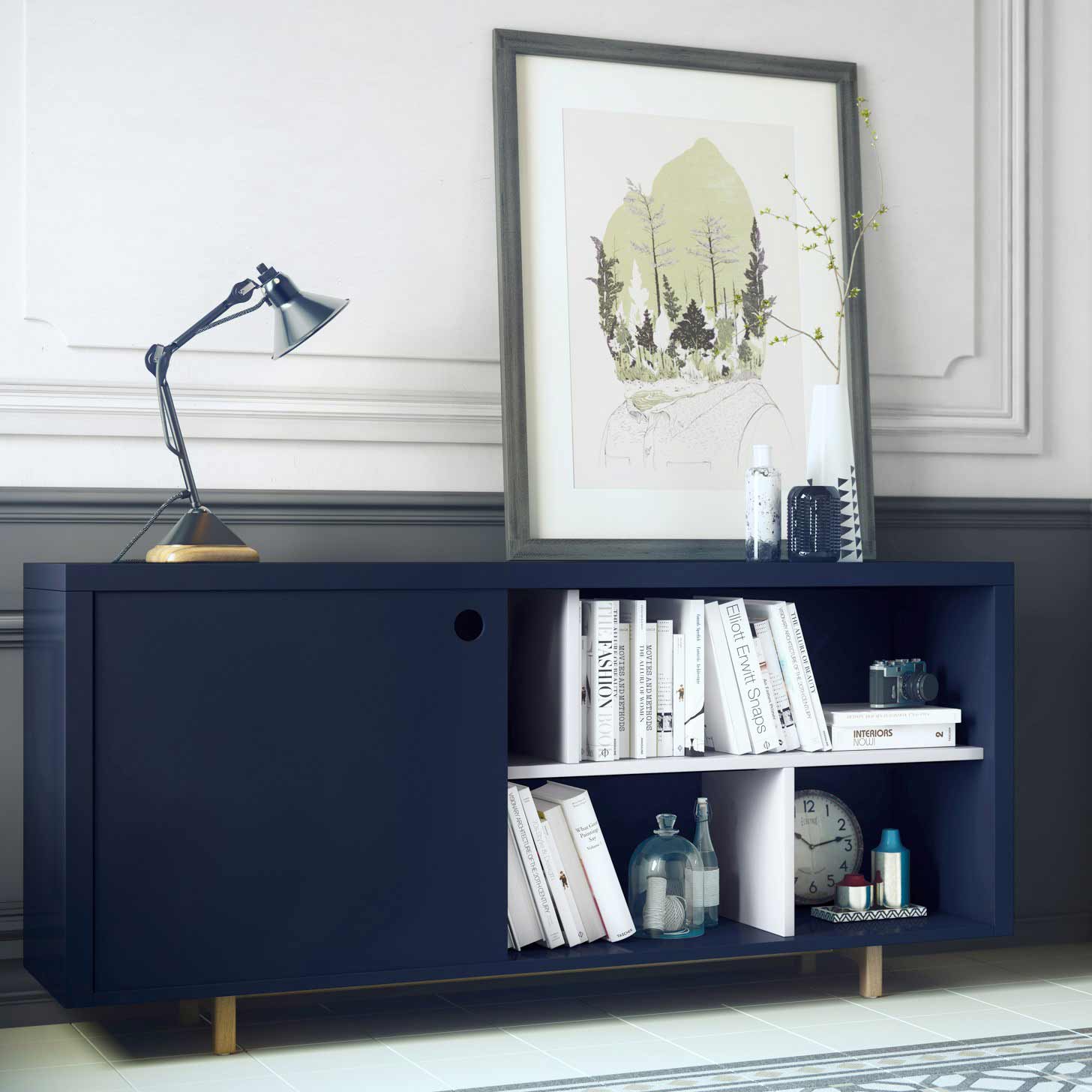 A blue cabinet with books stacked inside